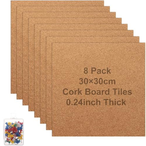 GBACHOOSE 8 PCS Square Cork Tiles, 6mm Thick Cork Board Tiles, 30x30cm Self-Adhesive Pin Boards for Walls Decoration, DIY Crafts