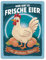 Frische Eier von glücklichen Hühnern Metallschild XL in 21x28 cm Mit Huhn mit weißem Federkleid und rotem Kamm auf robustem Schild ideal für den Hofladen