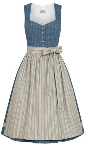Nübler Dirndl midi Damen - 2 teilig inkl. Kleid und Dirndl Schürze, Rocklänge 70cm - Moderne bayrische Tracht, Felicitas Rauchblau, Größe:38