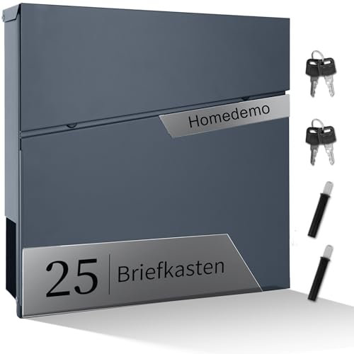 HOMEDEMO Briefkasten mit Zeitungsfach，Postkasten personalisiert, briefkästen mit Namensschild, Wandbriefkasten mit Hausnummer, 2 Dämpfer, 4 Schlüssel, Wandbriefkästen Athrazit