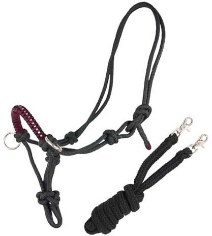 Brama West Knotenhalfter mit Zügel für Pferde - mit Snap-Karabiner und Strass - Grau/Bordeaux, Gr. Full