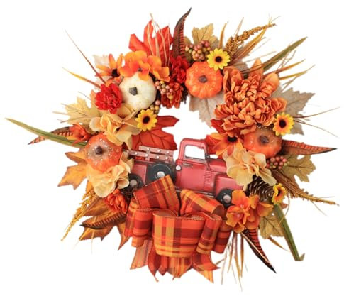 Herbstkranz, künstlicher Kranz, 40 cm, Rattan-Girlande mit Kürbisbeeren, Tannenzapfen, Ahornblätter für Wand, Party, Dekoration, Orange, 40 cm