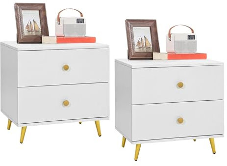 YITAHOME Lot de 2 tables de chevet - Table d'appoint - Table de chevet avec 2 tiroirs - Table de chevet en bois avec pieds en métal doré - Table de chevet pour chambre à coucher - 59 x 43 x 59 cm -