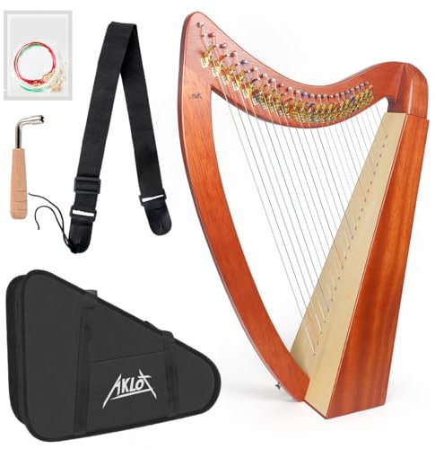 Harfe, AKLOT 23 Saiten Mahagoni Herzförmige Lyer Harfe 76,2 cm Höhe mit Ersatzsaiten, Stimmschlüssel, schwarzer Tasche und Gurt, Lyer-Kit Geschenk für Erwachsene, professionelle Anfänger