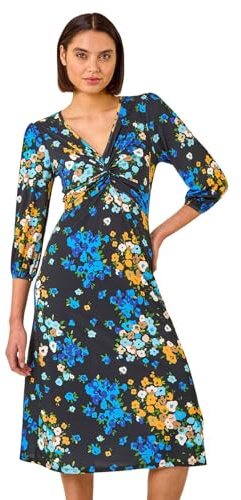 Roman Originals Fit and Flare Dress for Women Ladies Chest Twist Knot Ruched Tea Skater Empire Waist Wedding Guest Smart Casual Swing Midi 3/4 Long Sleeve Knee Length - Blue Multi - Size 16