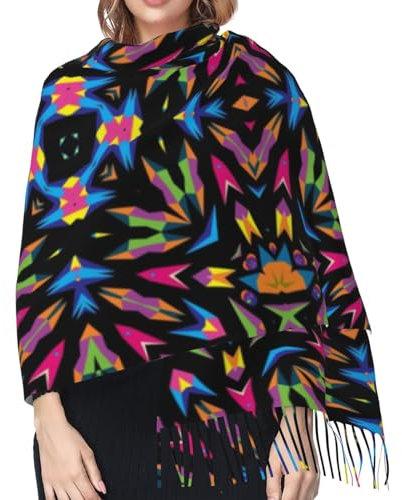 Hceaatb Damen-Schal, Kaleidoskop, bunt, psychedelisch, modisch, Winter, warm, Kaschmirschal, Fransenschal, Schwarz , Einheitsgröße