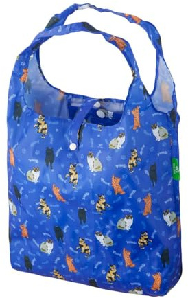 Eco Chic Lightweight Foldable Reusable Shopping Bag Water Resistant Tote Bag (Beloved Cats Blue)