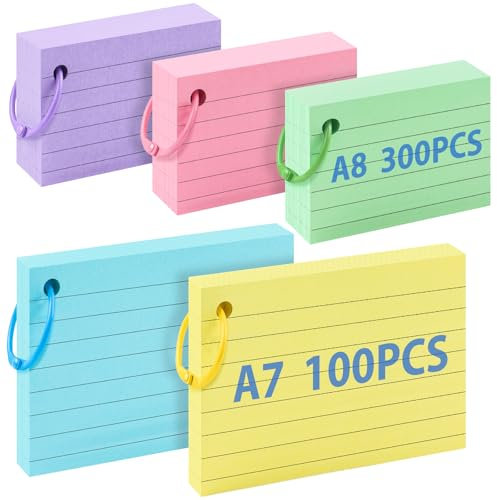 Caianwin 400 Stück Karteikarten A7 A8 Karteikarten mit 5 Ring, 5 Farben Vokabelkarten Lernkarten für Lernen, Speicher, Revision Supplies