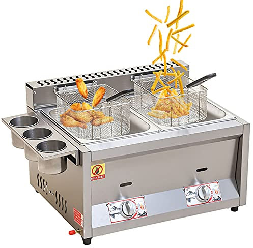CZAOERXB Freidora a Gas Industrial, freidora a Gas, Acero Inoxidable, freidora Doble, Gran Capacidad 22L, con cestas extraíbles, Potencia de Fuego Regulable, fácil de Limpiar