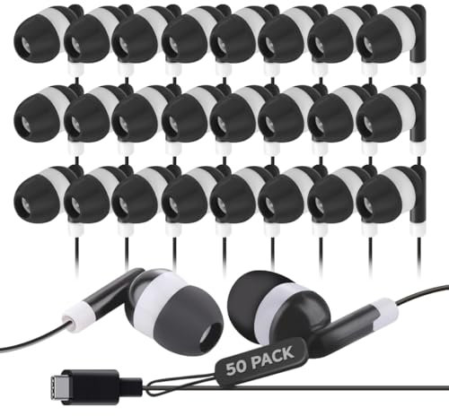 50-Pack USB C Wired Earbuds – Type C In-Ear Headphones for iPhone 16/15, iPad Pro, Galaxy S23/S22, Pixel, Chromebook, MacBook – Bulk USB-C Earphones for Classroom, School, Office, and Testing Use
