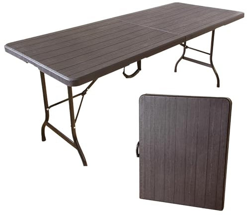 Lemodo Klapptisch, Gartentisch klappbar 180 x 75 cm, Buffettisch bis 150 kg belastbar, Stabiler Partytisch, zusammengeklappt als Koffertisch leicht zu transportieren (Holz/braun)