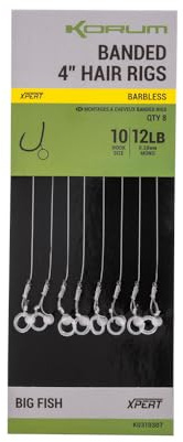 Korum 4 Banded Hair Rigs Barbless Qty 8 (Size 12 10lb)
