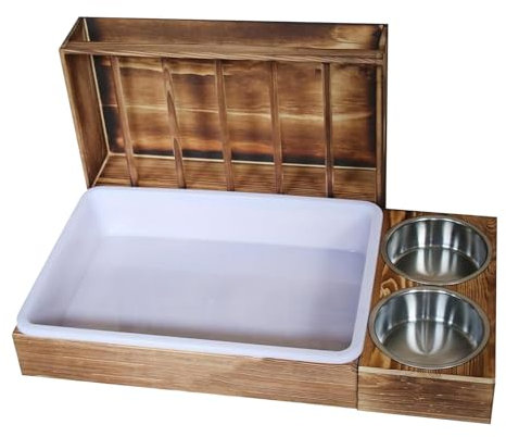 Krujecnt Bunny Hay Feeder mit Katzentoilette, Holz Haustier Heu-Futterstation Katzentoilette Schüsseln Multifunktional Bunny Haustier Futter Gras Halter Rack Futternäpfe für Lebensraum Gehege Käfig