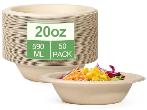 greensight 50 Pack Paper Disposable Bowls 20oz - Eco-Friendly, Sugarcane Rigid Brown Bowls Biodegradable Soup Microwavable Bowl for Christmas Party BBQ Picnic