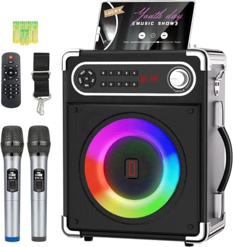 Karaoke-Maschine mit 2 kabellosen Mikrofonen, tragbarer Bluetooth 5.3-Lautsprecher mit LED-Leuchten, Bass-/Höheneinstellung, PA-System mit Fernbedienung, unterstützt FM/AUX/USB/TF für Partys