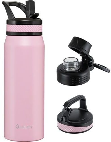 OLDLEY 750ml Insulated Water Bottle with Straw, Stainless Steel Water Bottles with 3 Lids & Handle, BPA Free Leakproof Thermal Metal Drink Flask Keep Hot and Cold for Sports, Gym, Hiking (Pink)