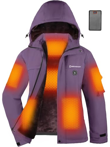Brimekey Giacca da Sci Donna Riscaldata Grafene, Impermeabile e Antivento Giubbotto Termico in Pile con Batteria 20000mAh, 6 Zone di Riscaldamento, 3 Livelli di Temperatura per Sci, Campeggio