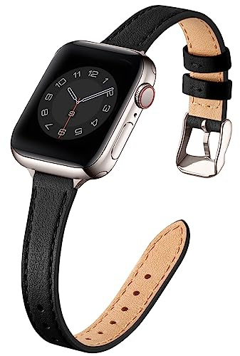 SUNFWR Leather Strap for Apple Watch 42mm(Series 11/10)41mm 40mm 38mm Women | Slim&Thin Genuine Leather iWatch Replacement Elegant Band fits iWatch Series 11 10 9 8 7 6 5 4 3 2 1 SE(Black&Starlight)