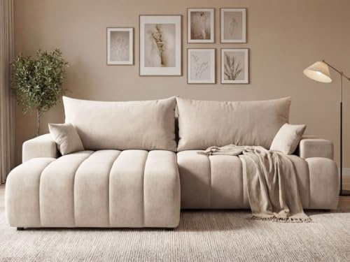 GRAINGOLD Caleo Ecksofa modern mit Bettfunktion, 270x170 cm, L-Form Sofa, Schlafcouch für Wohnzimmer, Velour-Stoff, 3-Sitzer Eckcouch, Ecksofa mit Bettkasten (Beige, Links)
