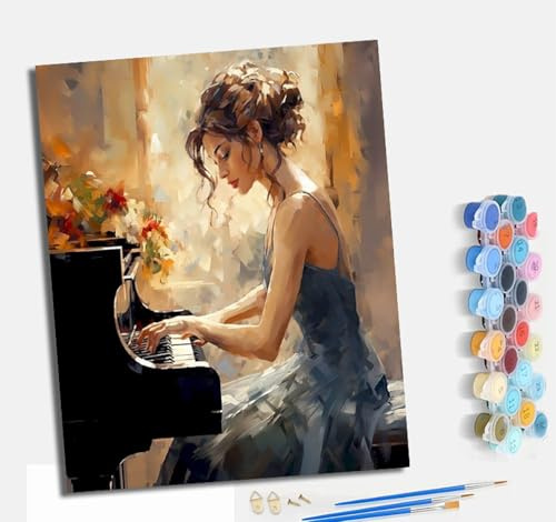 MLNMENG Peinture par Numéros pour Adulte Kits de Peinture au Numéro avec pinceaux de Dessin de Pigment Acrylique pour Décoration de la Maison 40x50 cm Femme jouant du piano