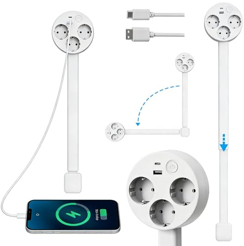 Alargador de Enchufe con 3 enchufes AC, USB-A y USB-C | Giratorio 180° y telescópico (43-70 cm) – Regleta Extensible para enchufes de difícil Acceso