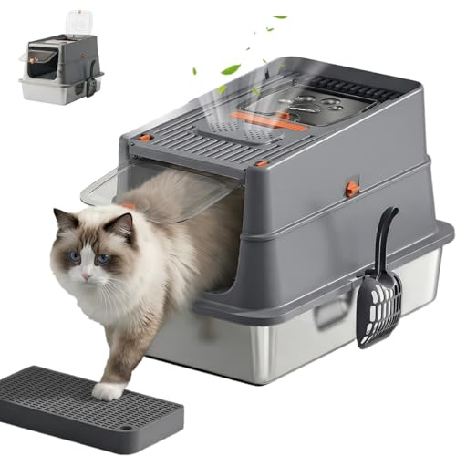 Stainless Steel Cat Litter Box, Large Metal Litter Tray, High Sided Non-Stick Anti-Splash Easy Clean Odor Control Pet Toilet for Indoor Cats (Dark Grey)