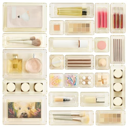 Vtopmart 25 PCS Clear Plastic Drawer Organizers Set, 4-Size Versatile Bathroom and Vanity Drawer Organizer Trays, Storage Bins for Makeup, Bedroom, Kitchen Gadgets Utensils and Office