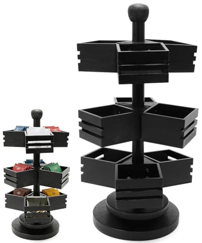 Umllpet Organizer per Bustine da Tè in Bambù, Girevole a 360°, 3 Ripiani con 9 Scomparti, per Cucina, Piano di Lavoro, Ufficio, Porta Caffè Zucchero, Colore Nero