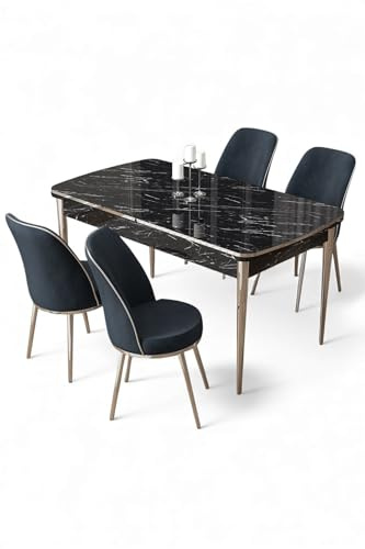 Modernes, ausziehbares Esszimmer-Set (5-teilig), schwarzer Marmor & Chrom, 114–144 cm | 100% MDF, Metallbeine, stilvoll und funktional für Wohn- und Esszimmer