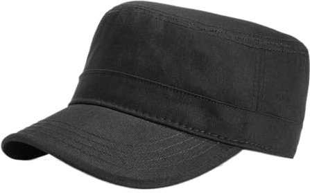 Fasbys Hommes Femmes 100% Coton sergé Flat Top Chapeaux Adjustable Cadet Cap Unisex Chapeau Militaire Baseball Cap (Style1-Noir)