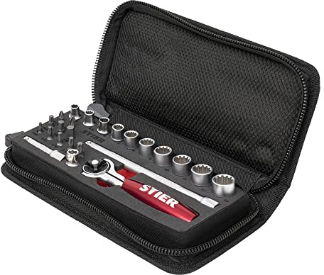 STIER Steckschlüssel- und Bit-Satz 24-teilig | 1/4 Zoll, Multifunktions-Umschaltknarre, Pozidriv-Bit, Innensechskant-Bit, Torx-Bit, In Handwerkertasche