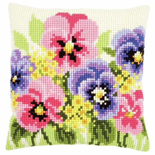 Vervaco Kreuzstich Stickpackungen Kissen Stickerei Set Anfänger Vorgedruckt Stiefmütterchen DIY Set Kreativ Set Für Erwachsene Dekoratives Kissen ca. 40 x 40 cm Bastelset Handwerker Haus Dekoration