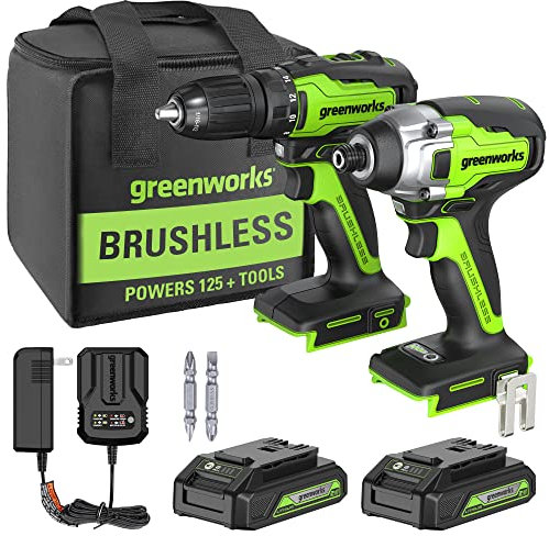 Greenworks Taladro/controlador de 24 V sin escobillas de 1/2 pulgadas y juego combinado de llave de impacto de 1/4 pulgadas, 2 baterías, cargador y bolsa