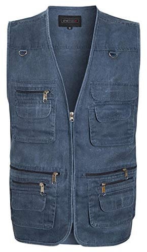 shelikes Mens Multi Pocket Vest Jacket Outdoor Fishing Camping Waistcoat Travelling Hiking Gilet[Blue, XXL]