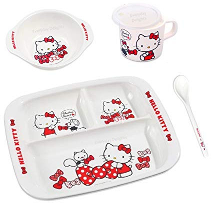 Everyday Delights Hello Kitty Red Dinnerware Flatware Meal Set – Plate Bowl Cup Spoon, 4 pieces
