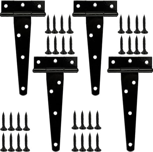 4 Pcs Gate Hinges Large Hinges, 13 inch Heavy Duty Black for Wood Heavy Duty T with Screws, Black Large Hinge for Garden Farm Latch Outdoor Shed Doors