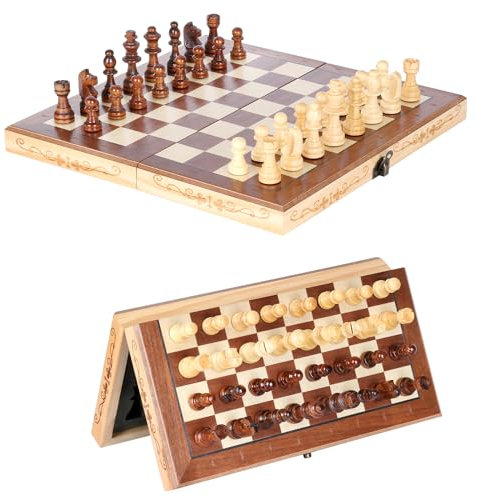 Syrace Magnetic Chess Set with Foldable Secure Storage & Magnetic Pieces, Handcrafted Wood, Board Game For Kids & Adults