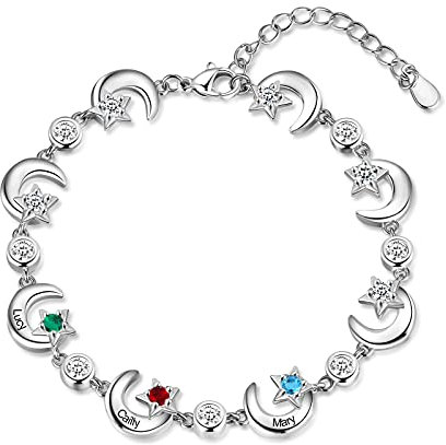 RolaOnly Armband mit 3 Namen Damen 925 Sterling Silber Geburtsstein Armbänder mit 5A Kubik Zirkonia Sterne Mond Anhänger Personalisiert Schmuck Geschenk für Mutter und Tochter