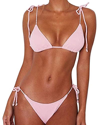 CheChury Femmes Maillot De Bain Deux pièces Ficelle de Cravate Halter Bikini Rembourré Réglable Triangle Bikini Classique Push-Up Brésilien,Rose,L
