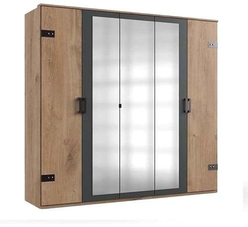Froschkönig24 Stockholm 5-türiger Kleiderschrank Drehtürenschrank mit Spiegel Plankeneiche/Grau