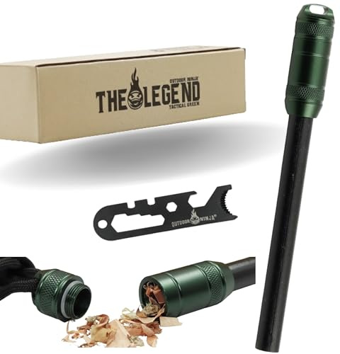 Outdoor Ninja Feuerstahl - The Legend Tactical - Grün FireSteel für Wandern, Bushkraft, Trekking, Camping und andere Outdoor Hobby's inkl. Multifunktionskratzer, das perfekte Survival Kit