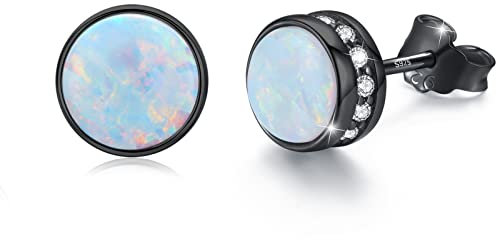Blaue Opal Ohrstecker 925 Sterling Silber Rund Ohrstecker Hypoallergen für Damen & Mädchen (Blau+Schwarz)
