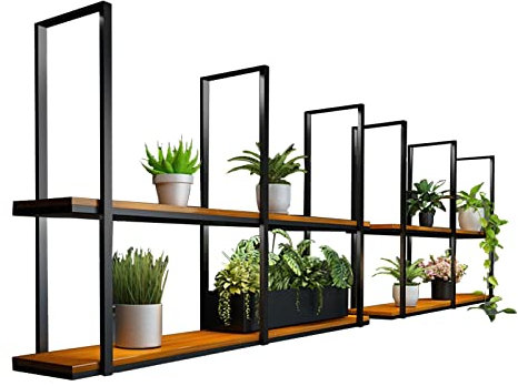 Deckenregal Hängend Küche Bar, Blumentopf-Rack-Aufbewahrung, Blumenständer für Aufhängen an der Decke, schwebende Regale aus schwarzem Eisen mit Holzplatte, kreatives Pflanzen-Display-Regal, für Bar-B