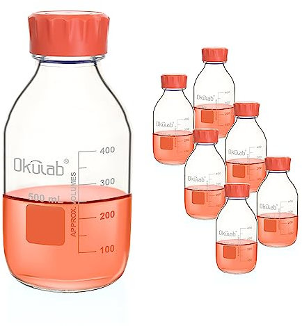 Okulab 6pcs of 500ml(17oz) Round Media Storage Bottles, 3.3 Borosilicate Glass, with GL45 Screw Caps in PP Materia, GL45RB500B6