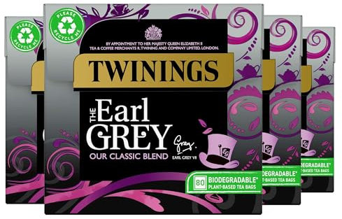 Twinings Earl Grey Tea | Full & Fragrant Earl Grey Tea Bags | Bergamot & Lemon Flavoured Black Tea Blend | Multipack Bulk Buy 320 (4 x 80) Biodegradable Tea Bags