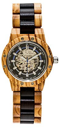 MiTA - Automatische Armbanduhr aus feinstem Olivenholz Made in Italy. Gehäuse mit Zifferblatt, Durchmesser 42 mm, Dicke 13 mm, Maschenweite 24 mm, Silber