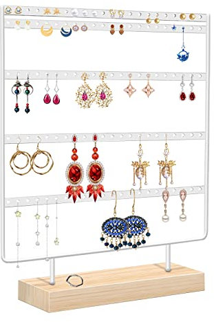 BoloShine Porte-bijoux, Organisateur de Boucles D'oreilles en Métal à 5 Niveaux avec Base en Bois, Support Boucles d'oreilles Arbre à Bijoux pour Chaînes Colliers Bracelets Suspendues (Blanc)