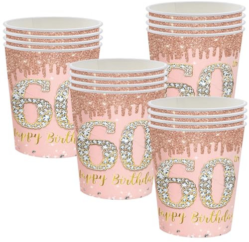 POPOYU 16Pcs Rose Gold Paper Cups - Happy 60th Birthday Tableware Decorations for Her, Women's 60th Birthday Gifts & Party Supplies