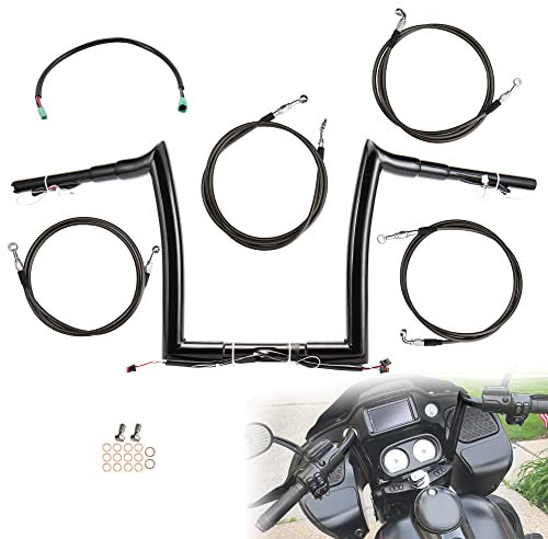 TIGERSGATE Vorverdrahteter 30,5 cm Rise 3,8 cm Fat Road Glide Ape Hanger Lenker & Bremsleitung & Kupplungszug & elektronisches Gasdraht-Set für Harley All Road Glide 2015 mit ABS-Modellen, schwarz