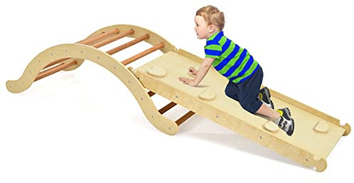 LIFEZEAL 3 in 1 Kletterdreieck mit Rutsche, Klettergerüst Set bis zu 60 kg, Kletterbogen Kinder aus Massivholz, Kletterspielzeug mit Matte für Kleinkinder, Kletterleiter Indoor